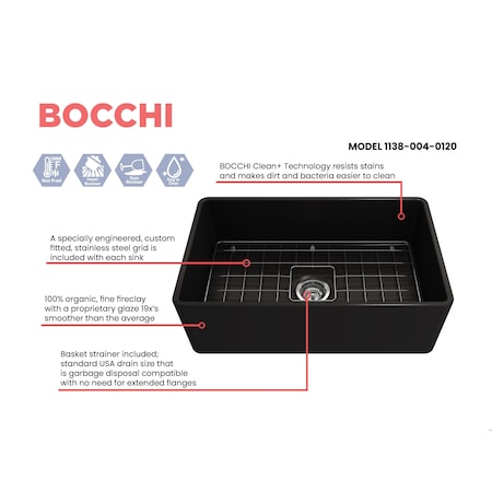 Bocchi Classico Farmhouse Apron Front Fireclay 30 in. Single Bowl Kitchen Sink in Matte Black 1138-004-0120